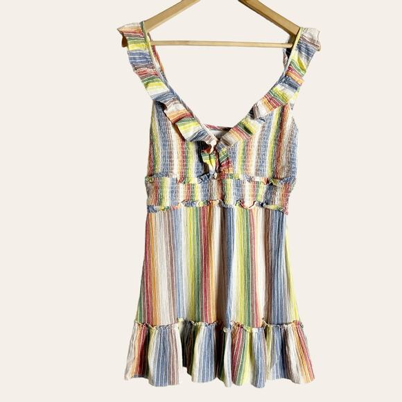 Saylor Alma Rainbow Striped Ruffled V-Neck Sleeveless Mini Dress Size L - Picture 4 of 15